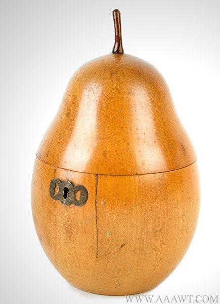 Tea Caddy, Pear Form, Original Surface, Carved Stem, Hinged Lid
England, Late 18th Century
Fruitwood, entire view